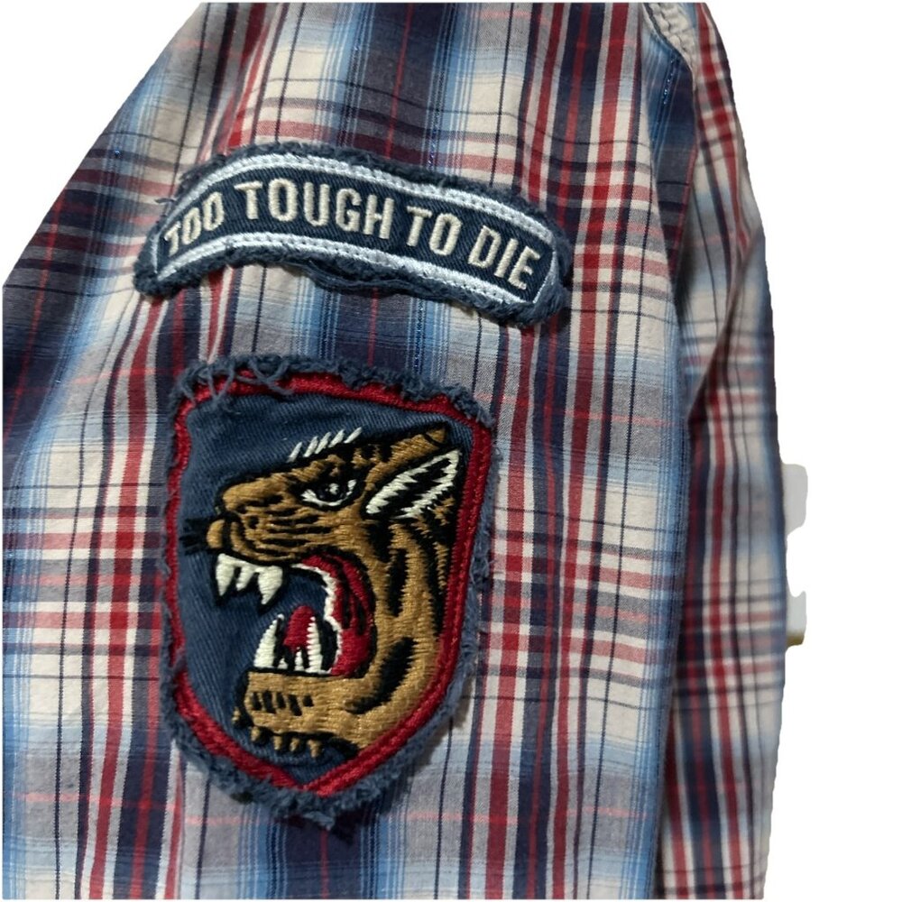 VTG Lucky Brand Western Shirt Womens M Cowgirl Pearl Snap Plaid Tiger Patch - Picture 11 of 16